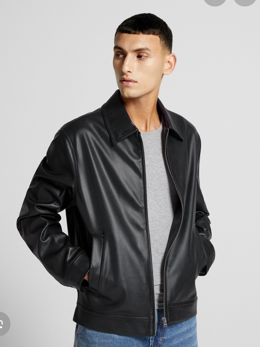 Bershka Black Faux Leather Bomber Jacket
